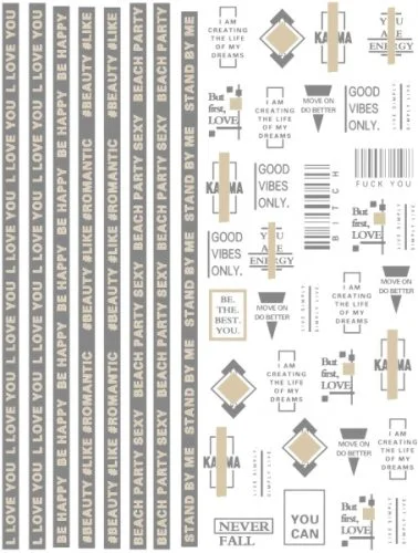 Nagelsticker - Aufkleber selbstklebend - Nail Sticker - gold schwarz Wörter Streifen